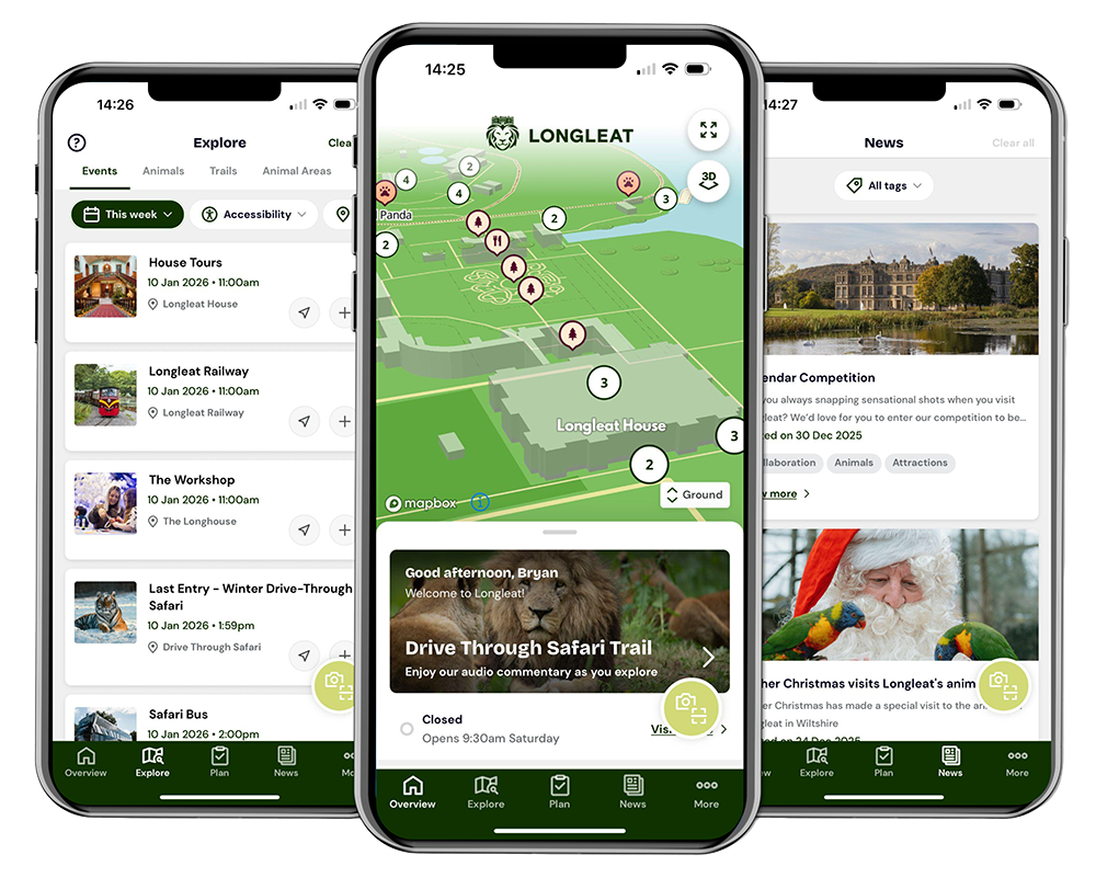 Several n-gage.io guest app screens showing events, an interactive map and news