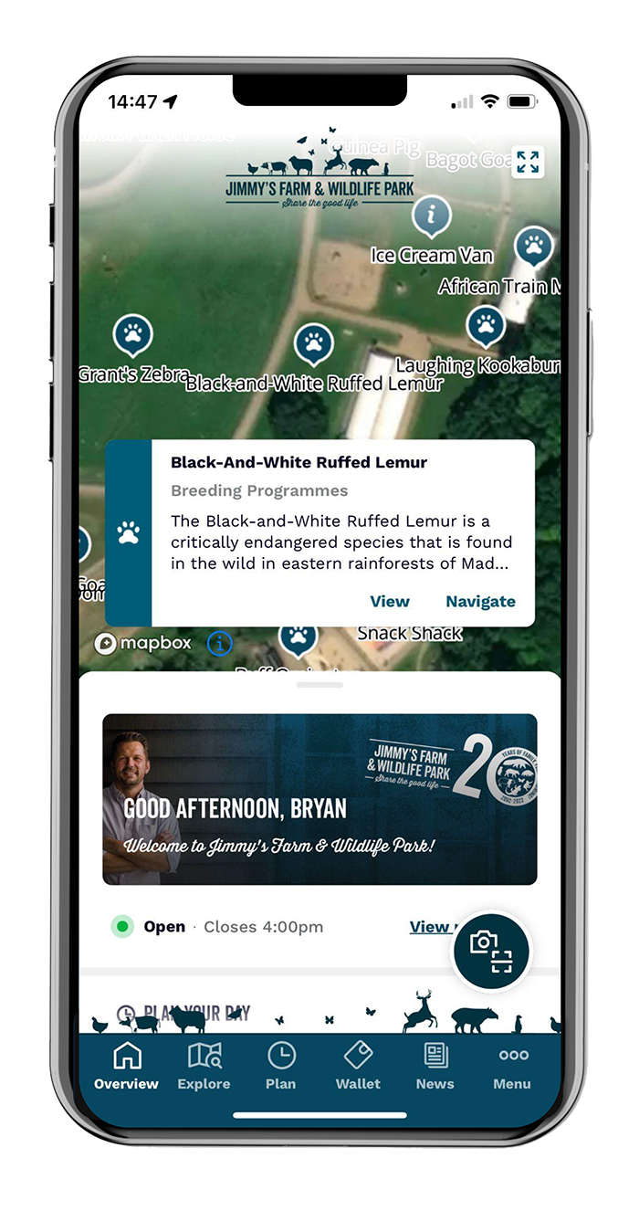 The n-gage.io guest app showing an animal exhibit card and live park information