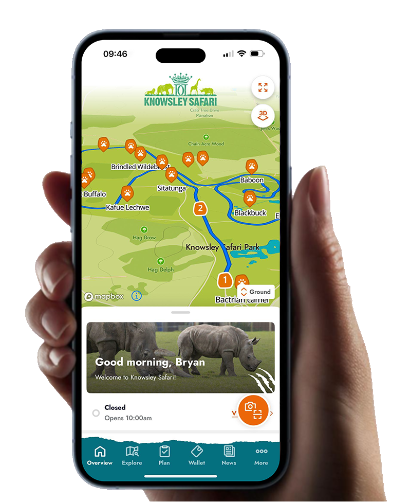 The Knowsley Safari app showing the interactive site map with points of interest