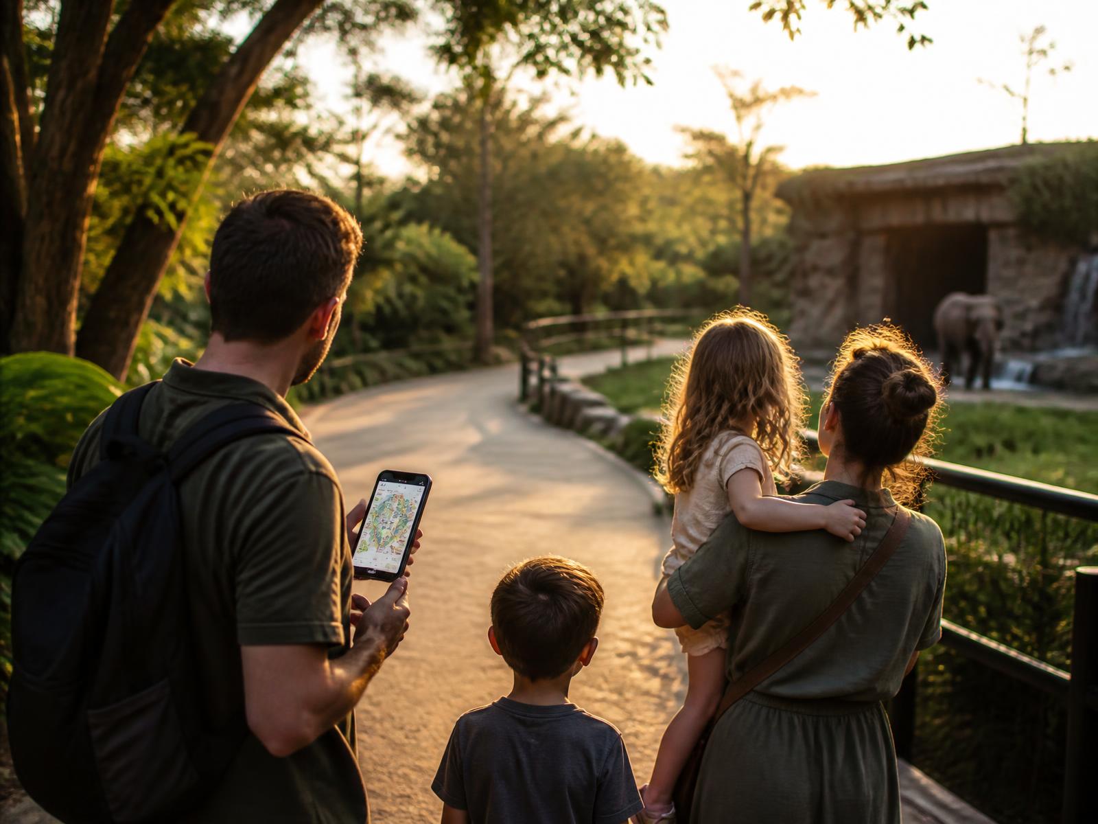 A family exploring a wildlife park, using an attraction's guest app to find their way