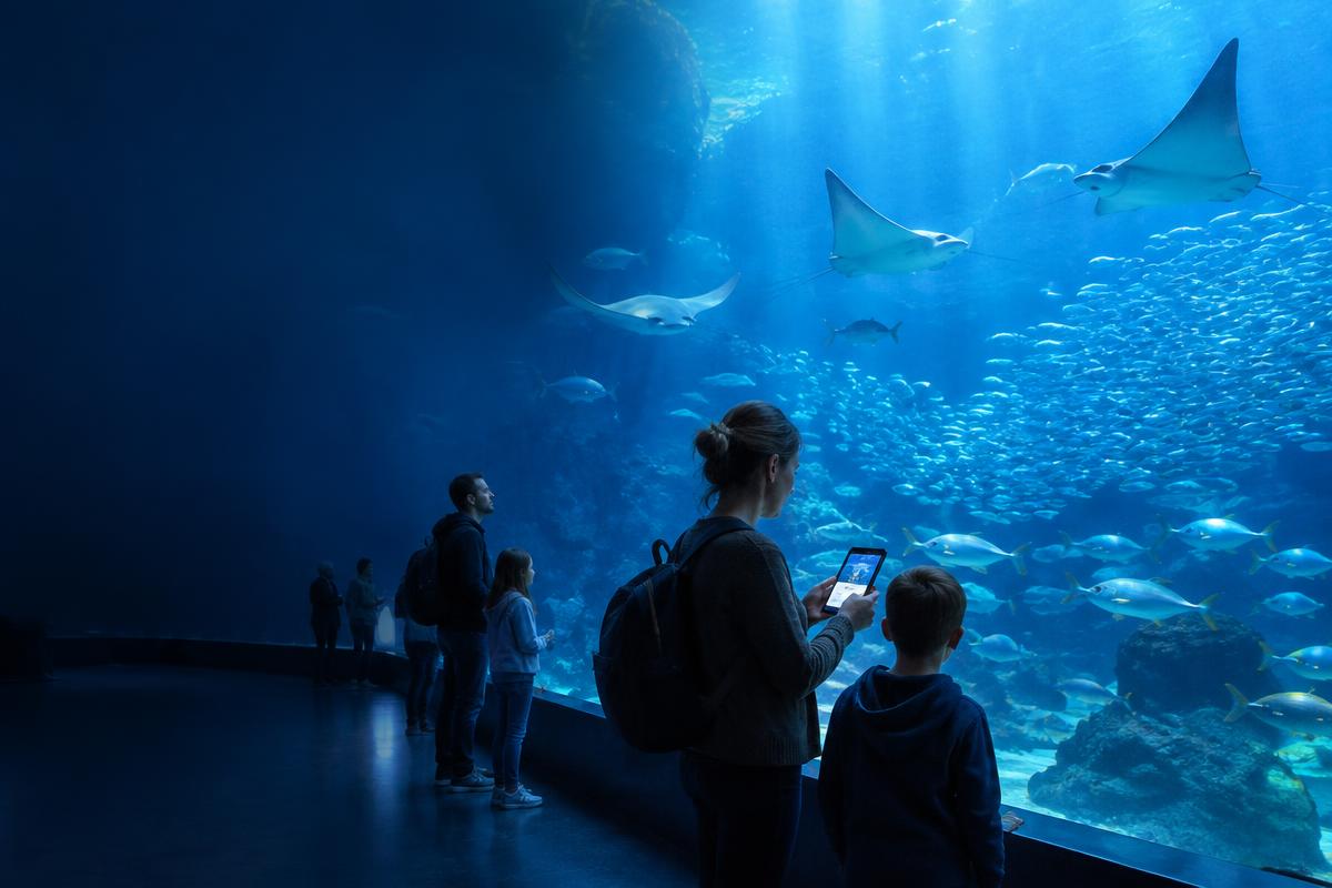 A family using a digital guide beside a large aquarium viewing window