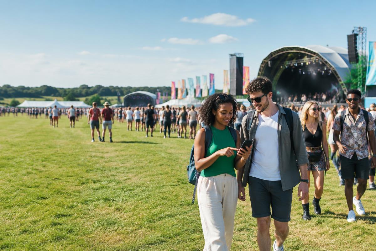 Festival visitors using a mobile guide between outdoor stages
