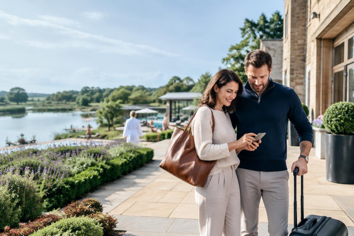 Guests checking a digital itinerary at a British resort
