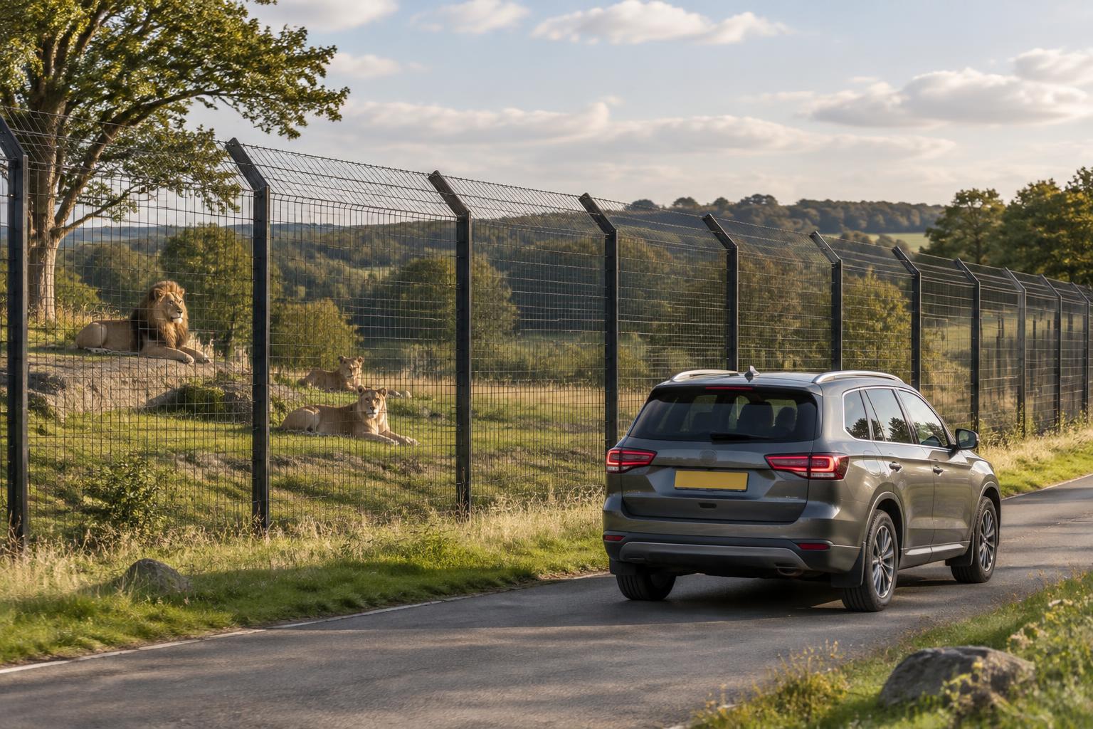 Visitors safely viewing lions through closed car windows beside a secure enclosure